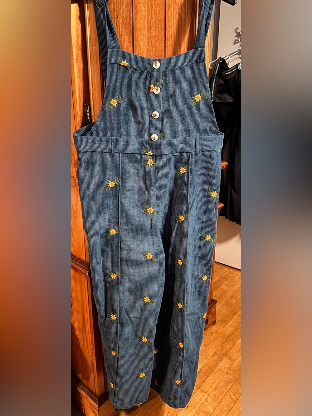 Cider Blue Corduroy Women’s Floral-Embroidered Overalls